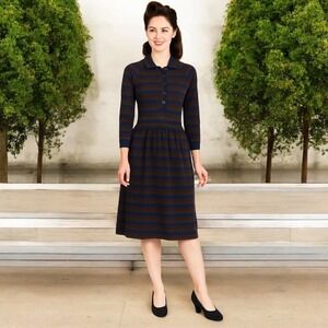 Goldworm | VTG 100% Virgin‎ Merino Wool Striped Retro Americana Midi Dress Sz 14